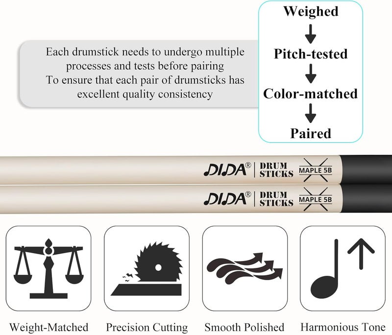 DIDA 5B Drum Sticks, Drum Sticks for Drums, Natural Solid Wood丨Weight Balanced丨Non-Slip Grip, Live Performance & Drum Kit Practice Accessories, Percussion Drumsticks for Beginner (2 Pairs, 5B) - Image 4